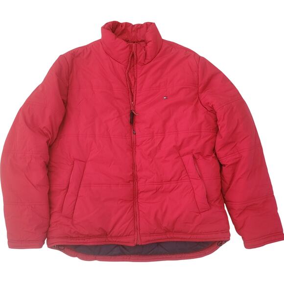 Tommy Hilfiger Puffer Jacket Red Quilted Navy Liner Full Zip Men's Large - Picture 1 of 12